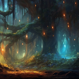 Enchanting Elven Forest | AI Art Image | Digital Painting | Ancient Trees | Bioluminescent Vines | Mystical Scene | Fantasy Art