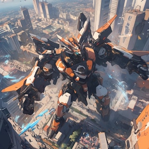 Puede incluir: Un gran robot naranja y blanco con detalles negros se encuentra en un entorno urbano. El robot tiene una cabeza grande con una visera azul y un gran pecho naranja. El robot está de pie en una calle con edificios y personas en el fondo.