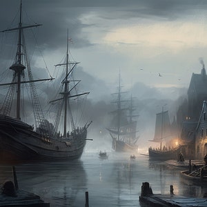 Fog Rolls In | Friedlicher Hafen | Geisterhafte Umarmung | Stimmungsvolle Atmosphäre | Zeitlose Schönheit | AI-generiertes Ölgemälde | Digital Art Fusion