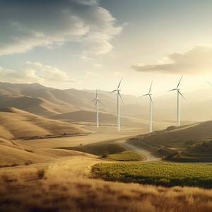 Puede incluir: Un campo de aerogeneradores en un paisaje rural con colinas onduladas. Los aerogeneradores son blancos y tienen tres aspas. El cielo es azul y hay nubes en el cielo. El sol brilla.