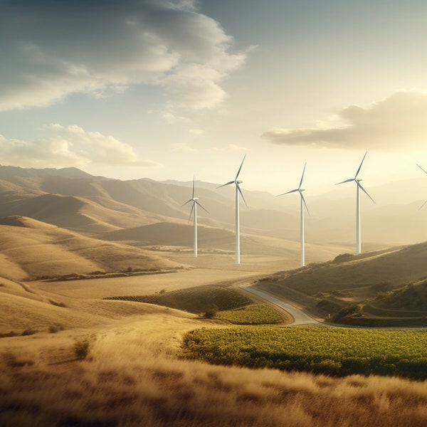 Wind Farm | AI Art Image | Harmony of Technology and Nature | Rolling Hills | Wind Turbines | Eco-Friendly Energy | Green Technology