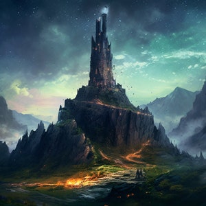 Mountainous Mages Keep | AI Art | Fantasy Architecture | Rugged Mountain Landscape | Magical Energy | High Fantasy World | Unique Wall Art