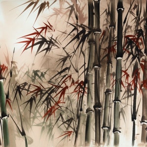 Bambus Pinsel Malerei | AI Art Image | Elegante Bambushalme | Anmutige Blätter | Chinesische Pinseltechnik | Ruhige Atmosphäre | TV Wandkunst