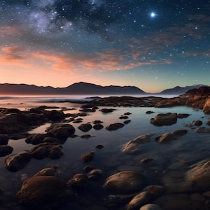 May include: A panoramic view of a rocky coastline at sunset with the Milky Way visible in the night sky. The water is calm and reflects the sky, creating a serene and peaceful atmosphere.