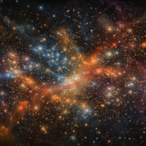 May include: A colorful nebula with swirling clouds of gas and dust, illuminated by bright stars. The nebula is a vibrant mix of orange, red, blue, and purple hues, creating a stunning cosmic landscape.