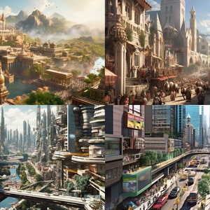 May include: A collage of four images depicting different cityscapes. The top left image shows a golden city with a large palace and a river. The top right image shows a medieval city with a bustling marketplace. The bottom left image shows a futuristic city with tall buildings and a river. The bottom right image shows a modern city with skyscrapers and a busy street.