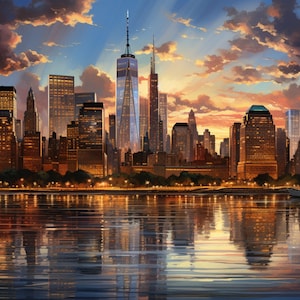 May include: A panoramic view of the New York City skyline at sunset, with the Freedom Tower and other skyscrapers reflected in the water. The sky is a mix of orange, pink, and purple, with clouds casting shadows over the city.