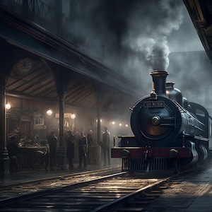 Nocturnal Arrival | AI Image | Victorian Era Train Station | Steam Engine Smoke | Shadowy Figures | Mysterious Atmosphere | TV Wall Art