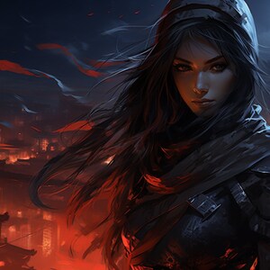 May include: A woman with long black hair wearing a dark hooded cloak stands in front of a city skyline at night. The city is lit up with orange lights and there is a full moon in the sky.