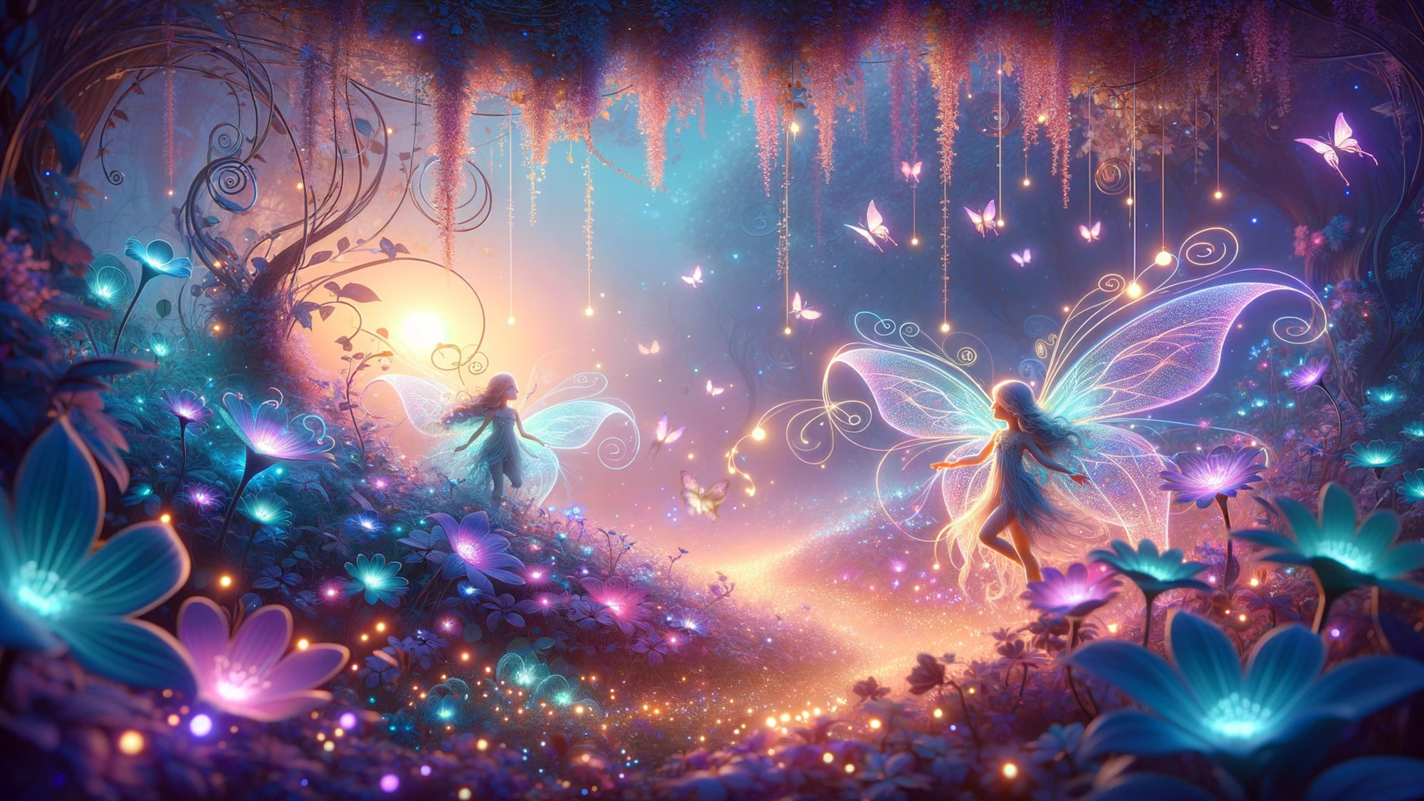 Enchanted Twilight Garden | Playful Fairies in Luminous Flora | Magical Nature Scene | Fantasy Digital Art | Serene Home Decor