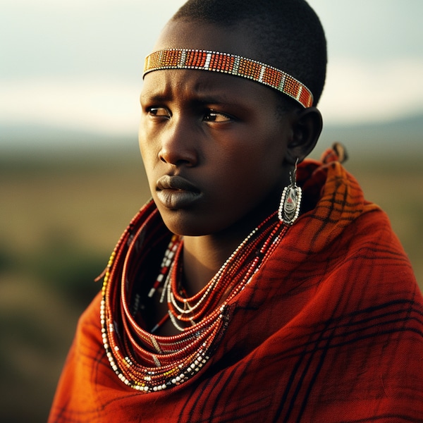 Maasai Warrior | AI Art Image | Young Kenyan Warrior | Traditional Attire | Vibrant Beadwork | African Savannah | Cultural Heritage |