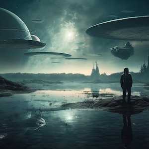 Op de afbeelding: Een eenzame figuur staat op een rotsachtige uitstulping met uitzicht op een stil meer. De lucht is gevuld met vliegende schotels en een grote, ronde planeet hangt in de verte. De scène speelt zich af tegen de achtergrond van een futuristische stad.