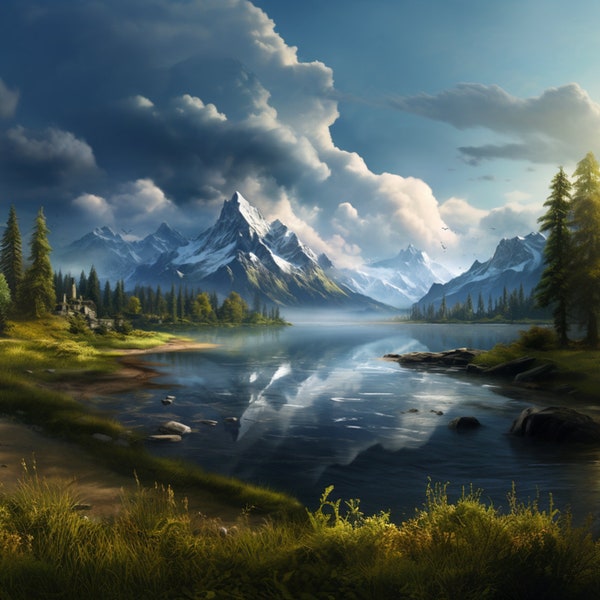 Mountain Storm Approaches |AI Art Image| Majestic Mountain Peaks | Tranquil Forest Lake | Snow-Capped | Stormy Skies | Peaceful Nature Scene