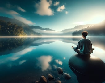 May include: A person sits in a meditative pose on a large rock in a calm lake. The water is still and reflects the surrounding mountains and sky. The scene is peaceful and serene.