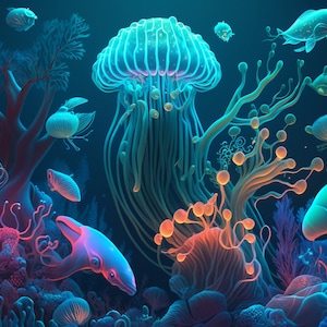 Coral Reef Jellyfish Psychedelic Digital Art Print - Vibrant Underwater Fantasy Wall Decor - High-Res Download - Instant Access
