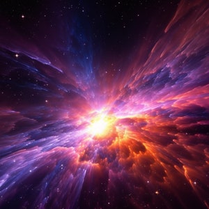 May include: A vibrant, colorful nebula with streaks of purple, orange, and red light radiating outward from a central point. The nebula is set against a dark background of space with scattered stars.