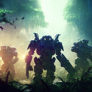 Puede incluir: Tres robots futuristas en un entorno de jungla verde. Los robots están hechos de metal y tienen un color gris oscuro. Están de pie en línea, con el robot del medio mirando hacia adelante y los otros dos robots mirando hacia los lados. Los robots sostienen armas en sus manos.