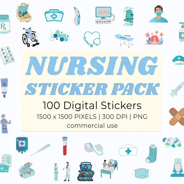 Nursing Digital Stickers Pack Bundle, 100 PNG Clipart Style Medical Images, Pharmaceutical, Anatomy, For Students, Teachers, Canadian Nurse