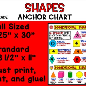 May include: A colorful chart for first grade students to learn about 2D and 3D shapes. The chart includes illustrations of different shapes, their names, and the number of sides and corners. The chart is available in two sizes: 25 inches by 30 inches and 8 1/2 inches by 11 inches.