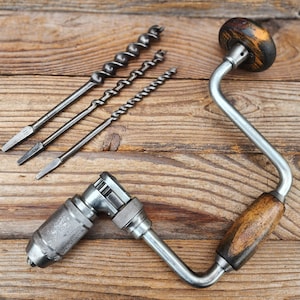 Vintage Stanley No. 945- 10IN Ratcheting Bit Brace Drill w/ 3 Auger Bits USA