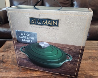 41 & Main Casseruola in ghisa da 3,4 litri, nuova, nella sua confezione originale! Pentola in ghisa verde scuro