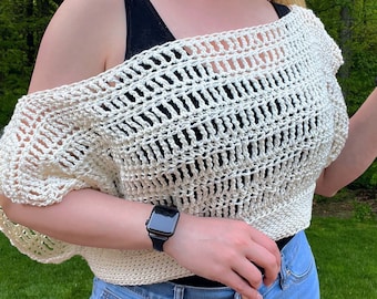 Earth Essence Top - Size L - Beige Handmade Crocheted Off the Shoulder Summer Boho Spring Hippie Cotton Yarn Festival Shirt