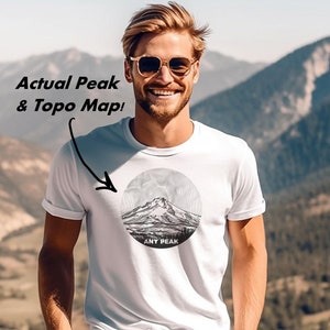 T-shirt de montagne personnalisé avec carte topographique d'un sommet ou d'une montagne réels, t-shirt couleur confort, choisissez votre montagne préférée, cadeau idéal