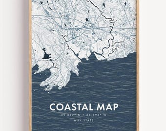 Personalized Coastal Topographical Map Print Custom Ocean Map Wall Art Nautical Decor for Beach House Minimalist Navy Shoreline Artwork Gift