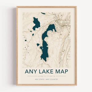 May include: A framed topographic map print featuring a dark teal lake centred against a light beige background with tan contour lines and road networks. The text reads ANY LAKE MAP, 43.602 N / 71.338 W, and ANY STATE / ANY COUNTRY in dark teal.