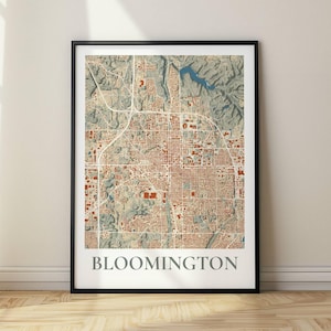 Bloomington Indiana Karte, Erdfarben mit topografischen Linien, Druck gerahmt Aufhänger oder Leinwand Perfekt als Geschenk für Büro oder Zuhause