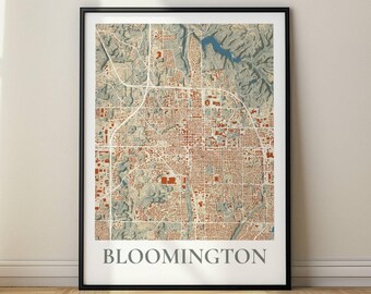 Bloomington Indiana Map, Earth Tone Colors with Topographic Lines, Print Framed Hanger or Canvas Perfect for Office or Home Gift