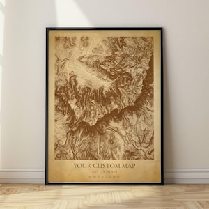 Vintage topografische kaart aangepast voor je favoriete plek, berg of bergtop, perfect voor thuis of op kantoor, wandelcadeau kaart kunst aan de muur