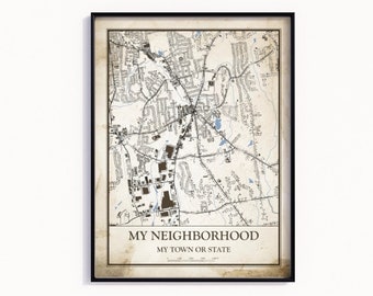 Vintage Neighborhood Map of Your Hometown, Town Map of My Favorite Place Custom Map, Map Wall Art Home Decor Housewarming Gift Map