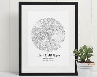 Where It All Began Our First Date Where We Met Map Engagement Gift First Year Anniversary Gift Print Frame Canvas Custom Map Gift Him or Her