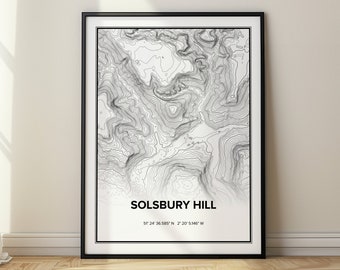 Carte topographique Solsbury Hill de Peter Gabriel, carte d'art mural, cadeau de bureau à domicile, carte topographique minimaliste de Solsbury Hill, Batheaston, Royaume-Uni, carte des contours