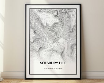 Peter Gabriel's Solsbury Hill topografische kaart Wall Art kaart Home Office cadeau minimalistische topokaart van Solsbury Hill Batheaston UK contourkaart