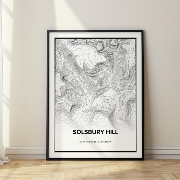 Peter Gabriel's Solsbury Hill Topographic Map Wall Art Map Home Office Gift Minimalist Topo Map of Solsbury Hill Batheaston UK Contour Map