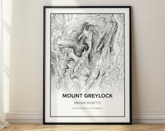 Mount Greylock Massachusetts topografische kaart Berkshire Mountains Massachusetts kunst aan de muur kaart Home Office decor minimalistische bergkaart