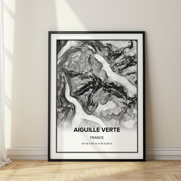 Map of Aiguille Verte French Alps Topographic Map of France Mountain Wall Art Map Gift for Home Office Decor Minimalist Map of Mountains
