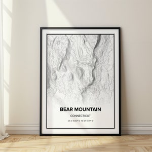 Bear Mountain Connecticut topografische kaart Connecticut's hoogste punt muurkunst kaart Home Office decor minimalistische topkaart