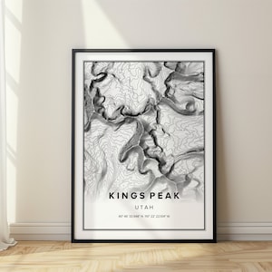 Kings Peak Utah topografische kaart Uinta bergen kunst aan de muur kaart Home Office Decor minimalistische Topo kaart Kings Peak Utah contour kaart