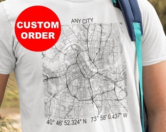Anpassad stadsgata-t-shirt valfri plats med koordinater vandringströja för din favoritstad, stad eller plats på en gatukarta t-shirt, present