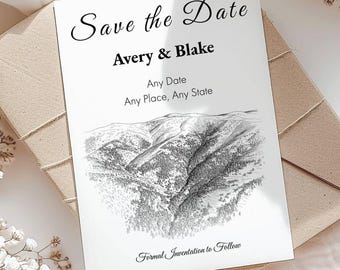 Aangepaste schilderachtige Save the Date | Schets trouwlocatie | Elk kunstwerk van een berg, meer of monument | Digitaal of 5 x 7-kaart met enveloppen