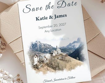 Aangepaste aquarel Save the Date | Schilderachtige kunst trouwlocatie | Berg, meer of monument | Digitaal of 5 x 7-kaart met enveloppen