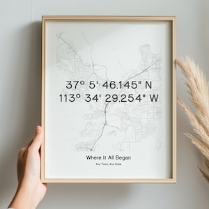 Wo alles begann Koordinaten unsere erste Datum Karte Jahrestag Geschenk Digitaldruck Rahmen Leinwand individuelles Geschenk Sie oder Ihn, Koordinaten der Liebe