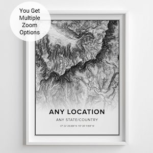 Aangepaste topografische kaart van overal ter wereld, cadeau voor wandelaar outdoor-avonturier, kunst aan de muur cadeau voor thuis of op kantoor, contourkaart berg