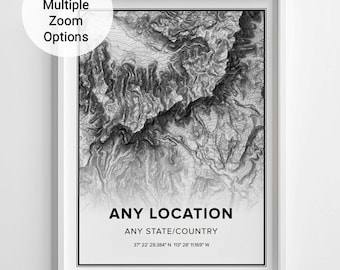 Custom Topographic Map of Anywhere in the World, Gift for Hiker Outdoorsy Adventurer, Wall Art Gift for Home or Office, Mountain Contour Map