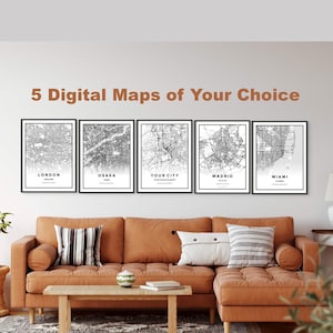 5 plans de la ville personnalisés de cinq endroits Cartes personnalisées Détails de la rue pour bureau à domicile Cadeau Art mural Cartes personnalisées en téléchargement numérique uniquement