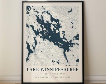 Lake Winnipesaukee topografische kaart print, New Hampshire Lake House kunst aan de muur, kustdecor, minimalistische kaart cadeau Lake