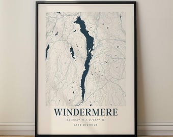 Mapa del lago Windermere – Arte mural del Distrito de los Lagos del Reino Unido – Mapa topográfico minimalista – Decoración moderna para lagos – Póster personalizado de los lagos de Inglaterra